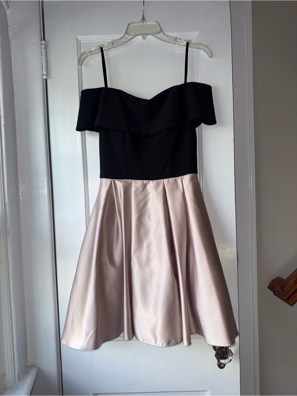 Betsy & Adam Black and Champagne Off-Shoulder Satin Fit-and-Flare Mini Dress